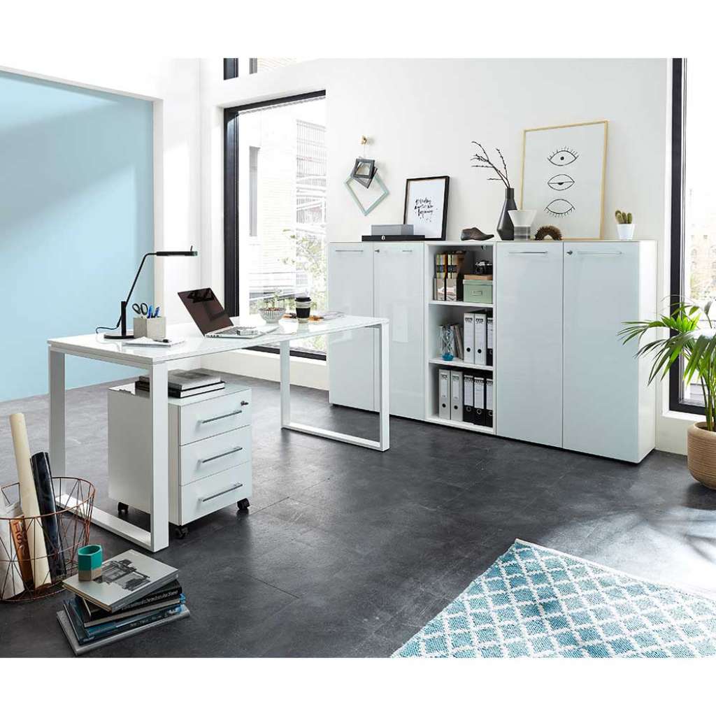 Arbeitszimmermöbel Set in Weiß Glas beschichtet (5-teilig)