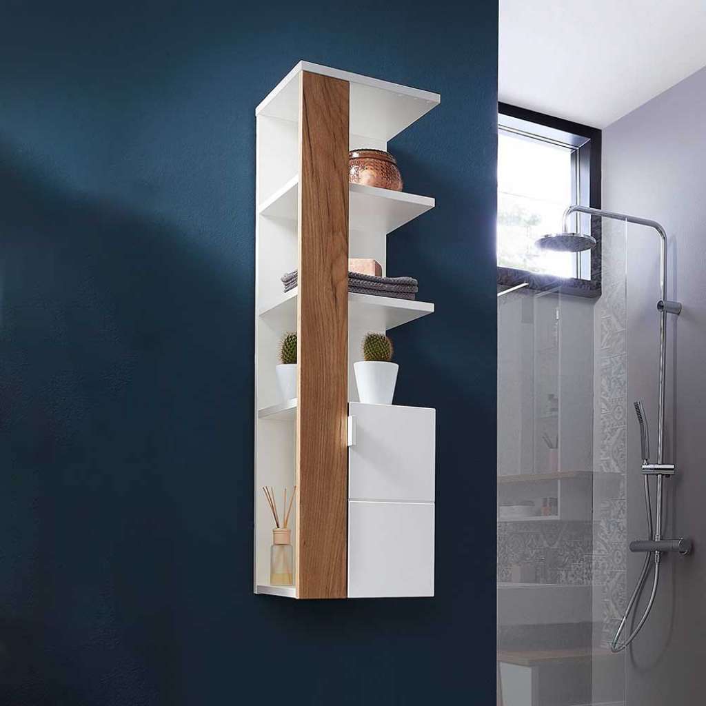 Badezimmer Hängeregal in Weiß und Wildeiche Dekor 30 cm breit