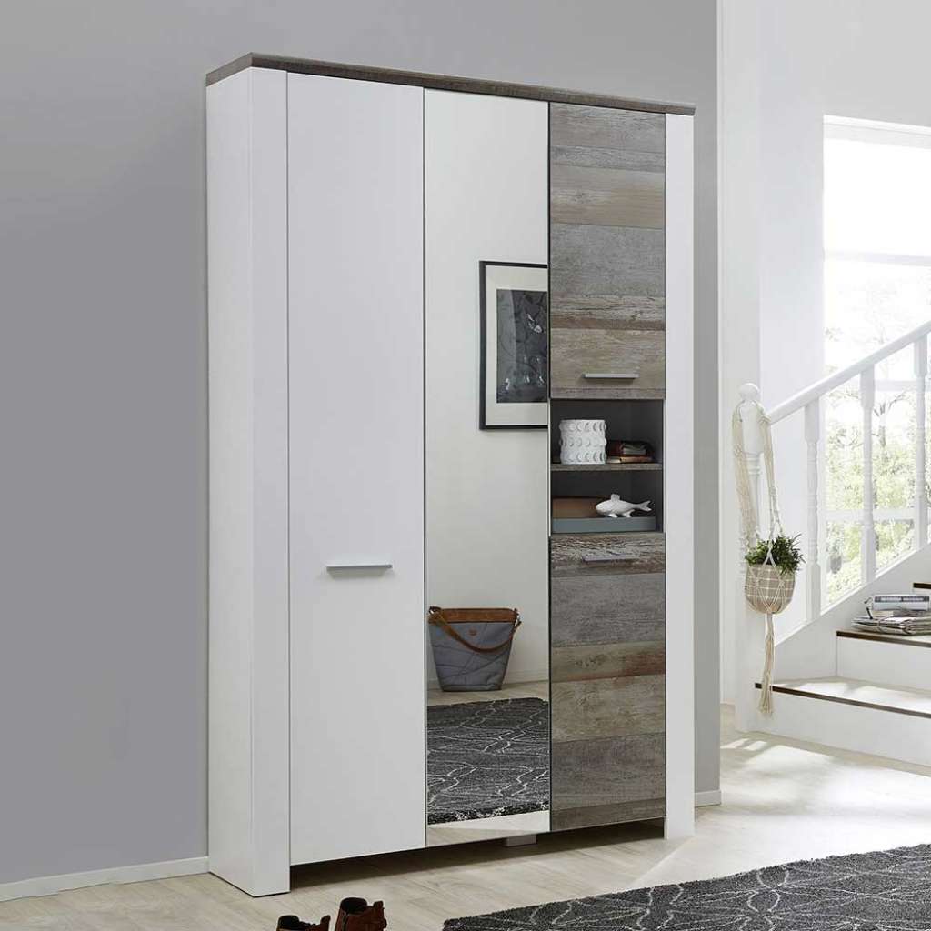 Dielenkleiderschrank in Weiß und Treibholz Optik Spiegeltür