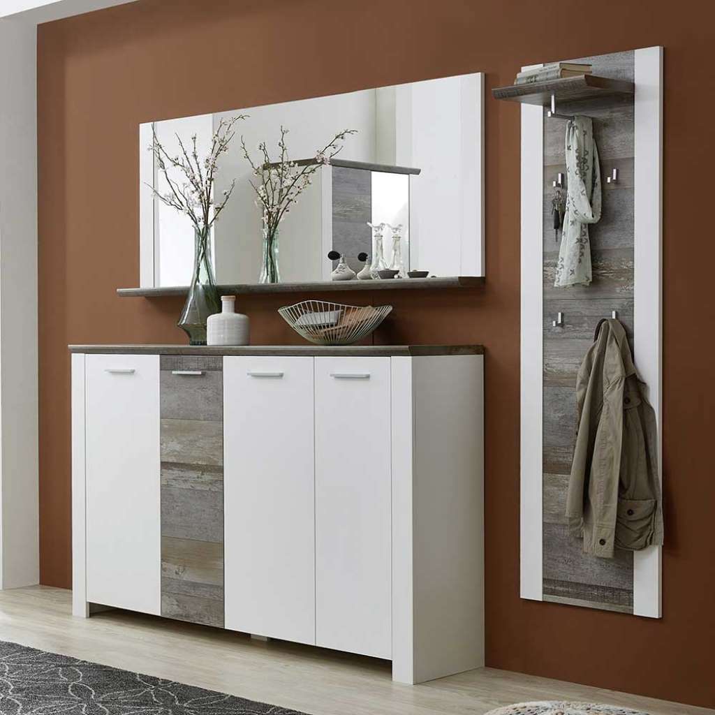 Dielenmöbelset in Weiß und Treibholz Optik modern (3-teilig)
