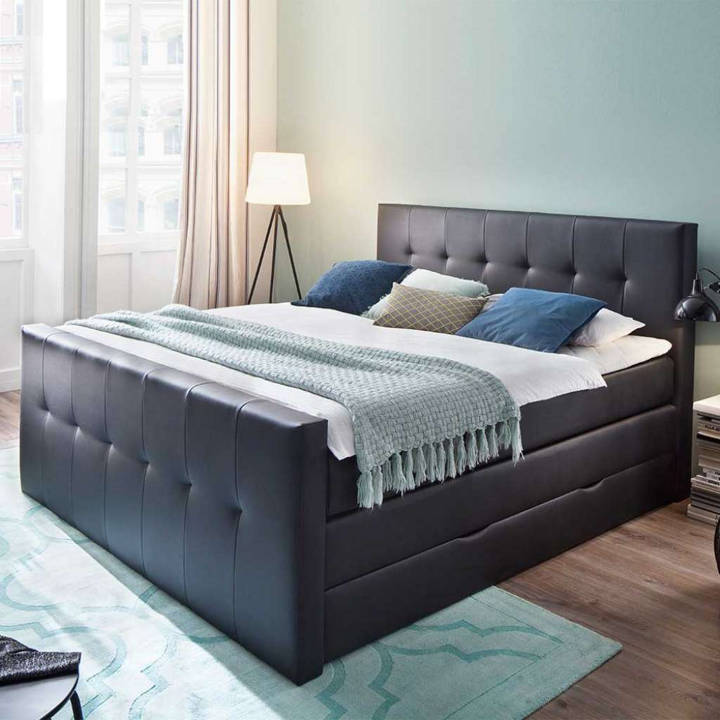 Amerikanisches Bett in Schwarz Kunstleder Bettkasten
