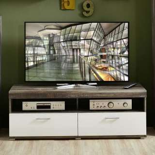 TV Lowboard in Weiß Hochglanz Treibholz Optik