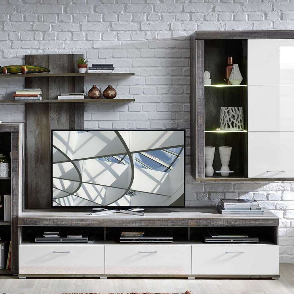 Fernsehmöbel in Weiß Hochglanz und Treibholz Optik 210 cm breit