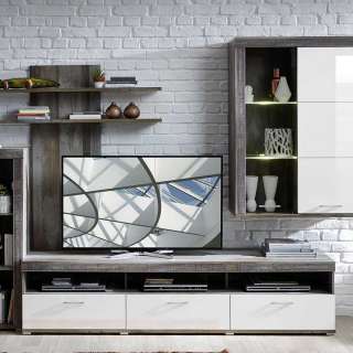 Fernsehmöbel in Weiß Hochglanz und Treibholz Optik 210 cm breit