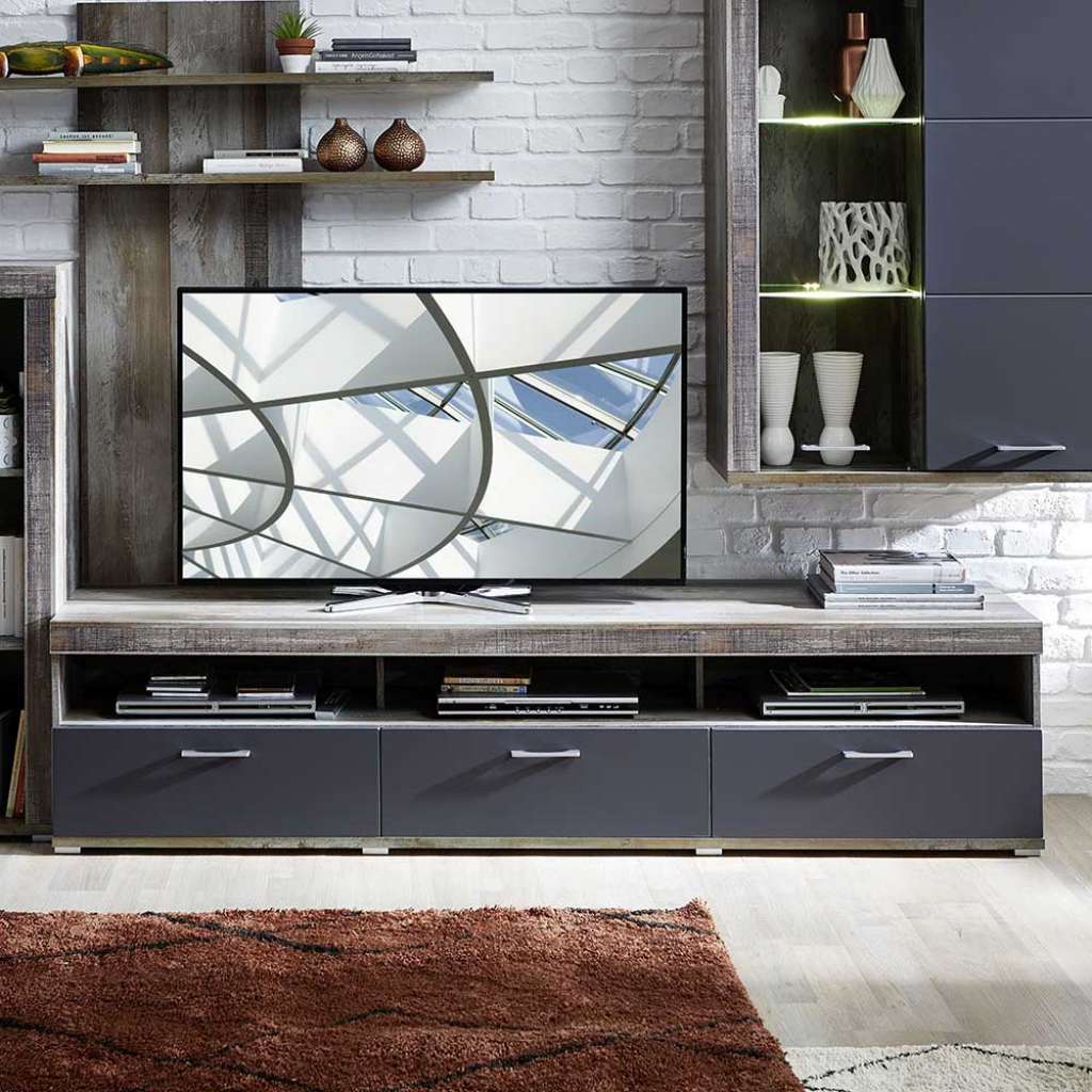 Fernsehunterschrank in Dunkelgrau und Treibholz Optik 210 cm breit