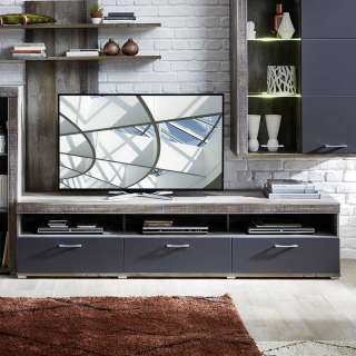 Fernsehunterschrank in Dunkelgrau und Treibholz Optik 210 cm breit