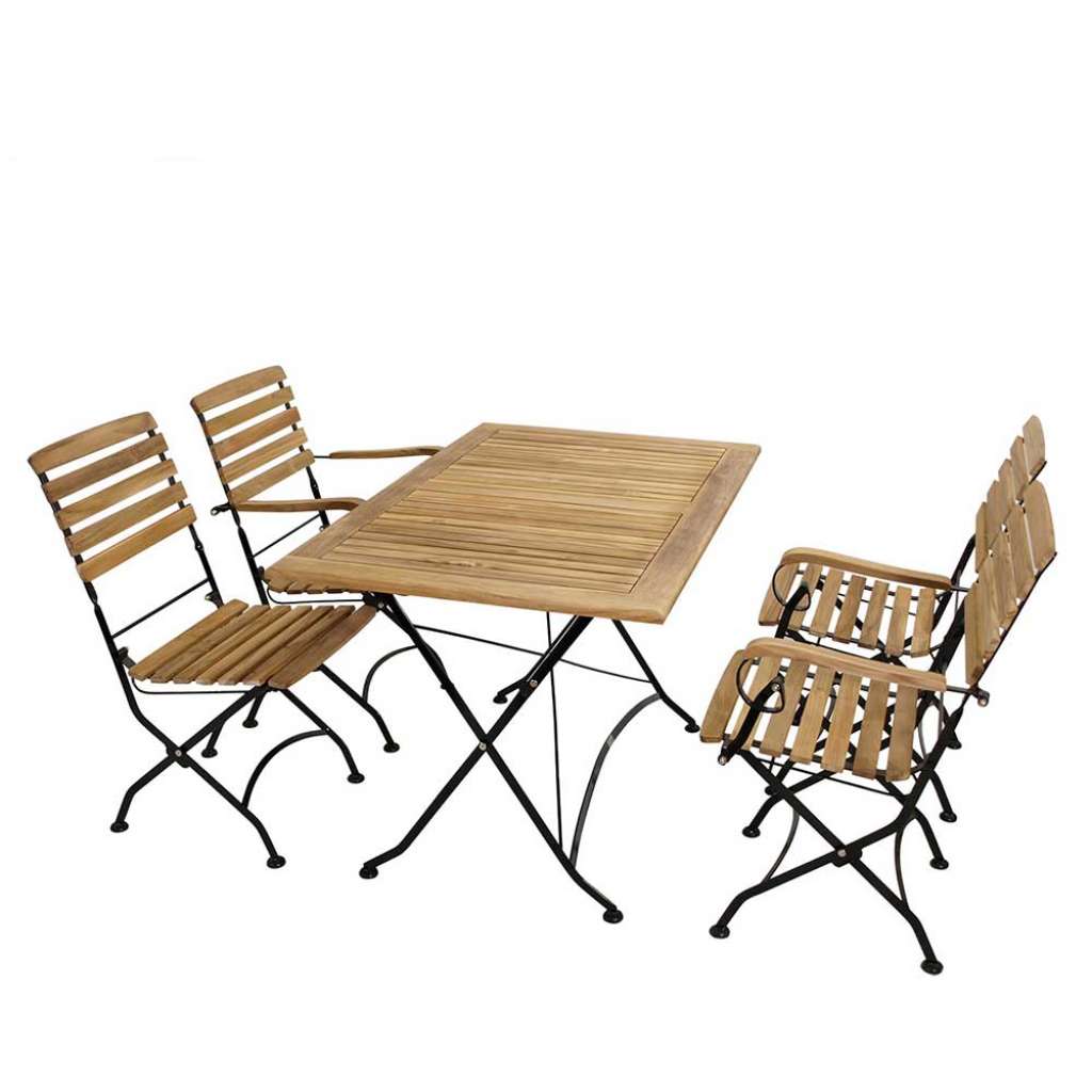Gartentischgruppe aus Teak Massivholz Metall in Schwarz (5-teilig)