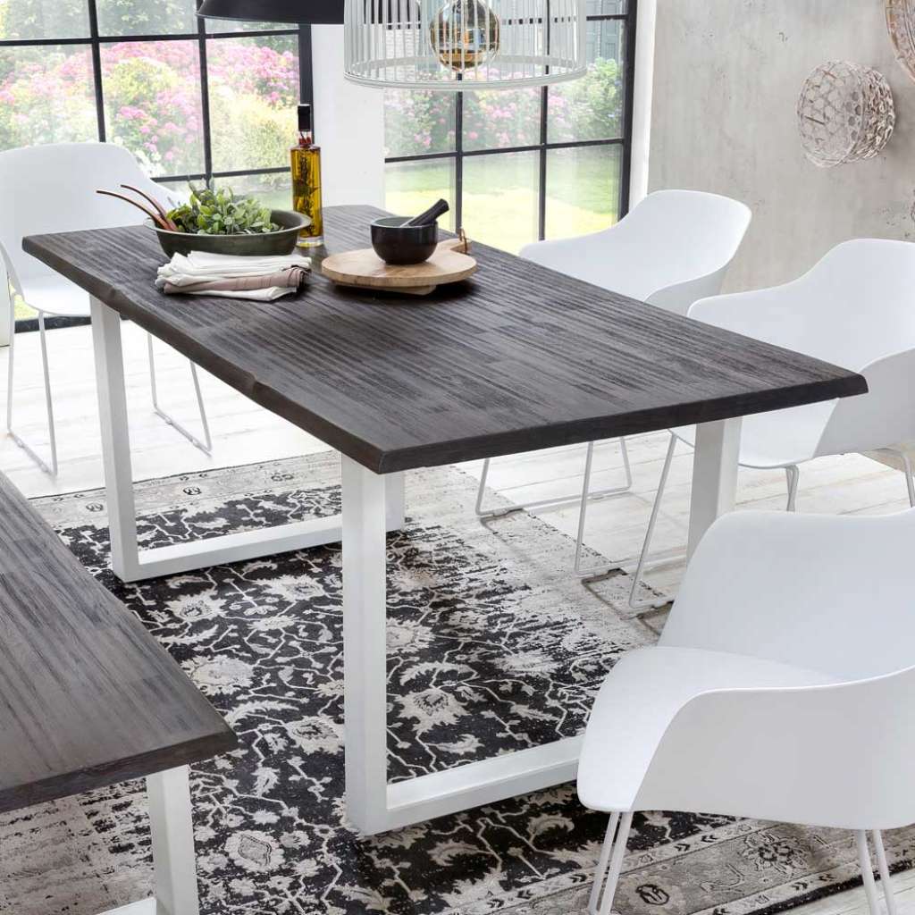 Esstisch aus Akazie Massivholz mit Antik Finish Bügelgestell in Weiß