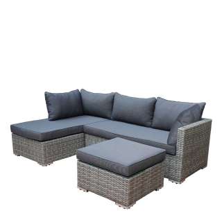Garten Ecksofa mit Hocker in Grau Kunstrattan und Webstoff (2-teilig)