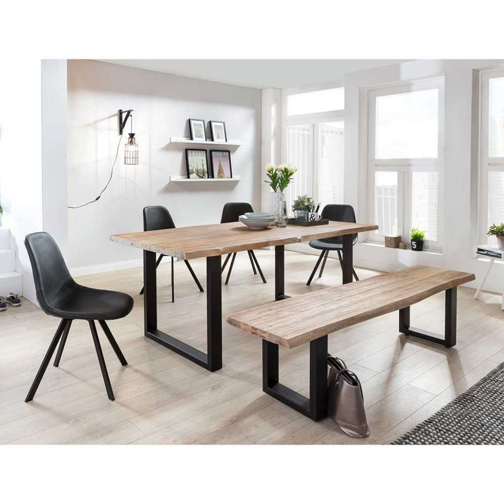 Baumkanten Essgruppe aus Akazie White Wash massiv Anthrazit Kunstleder (6-teilig)