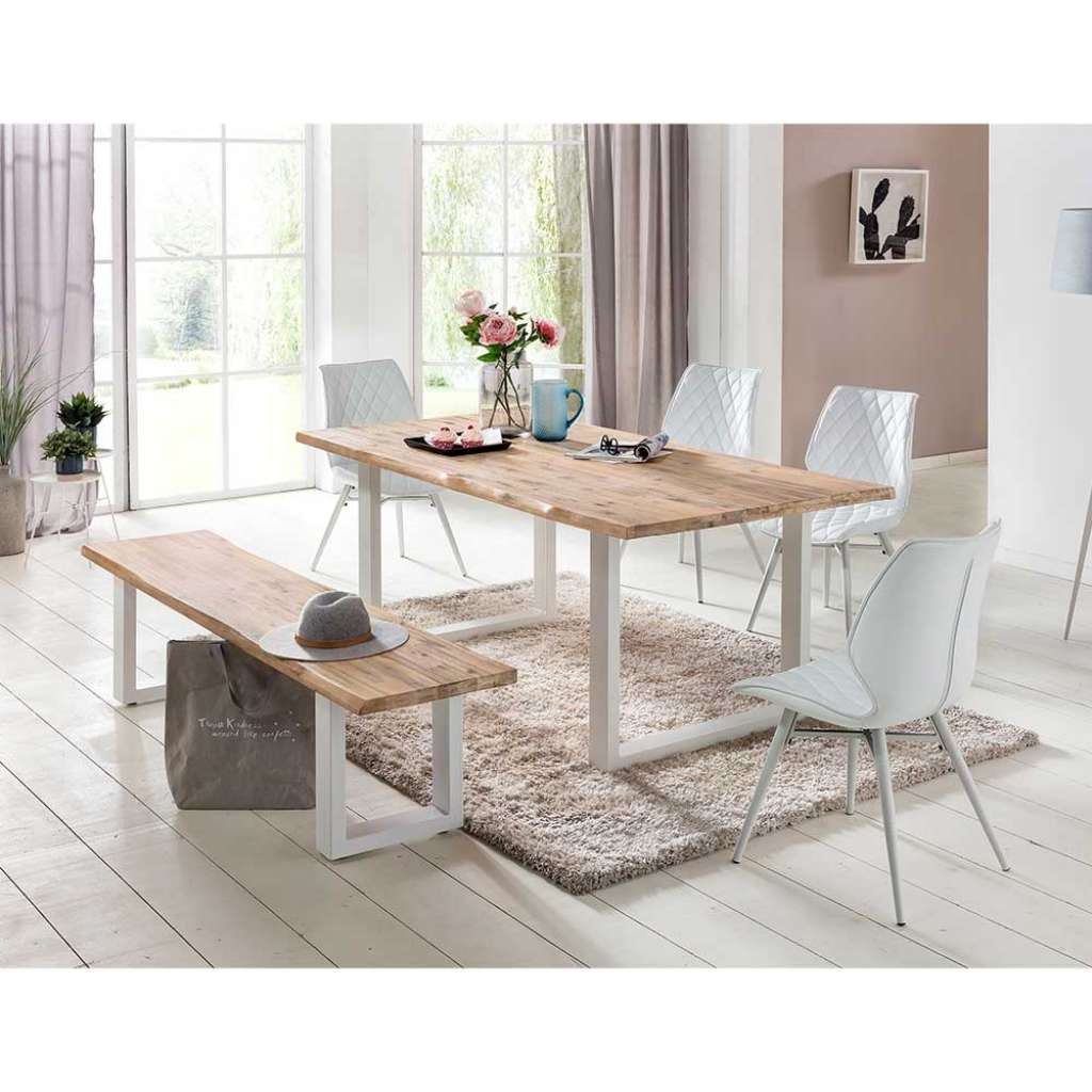 Esszimmer Sitzgruppe aus Akazie White Wash massiv Kunstleder Weiß (6-teilig)