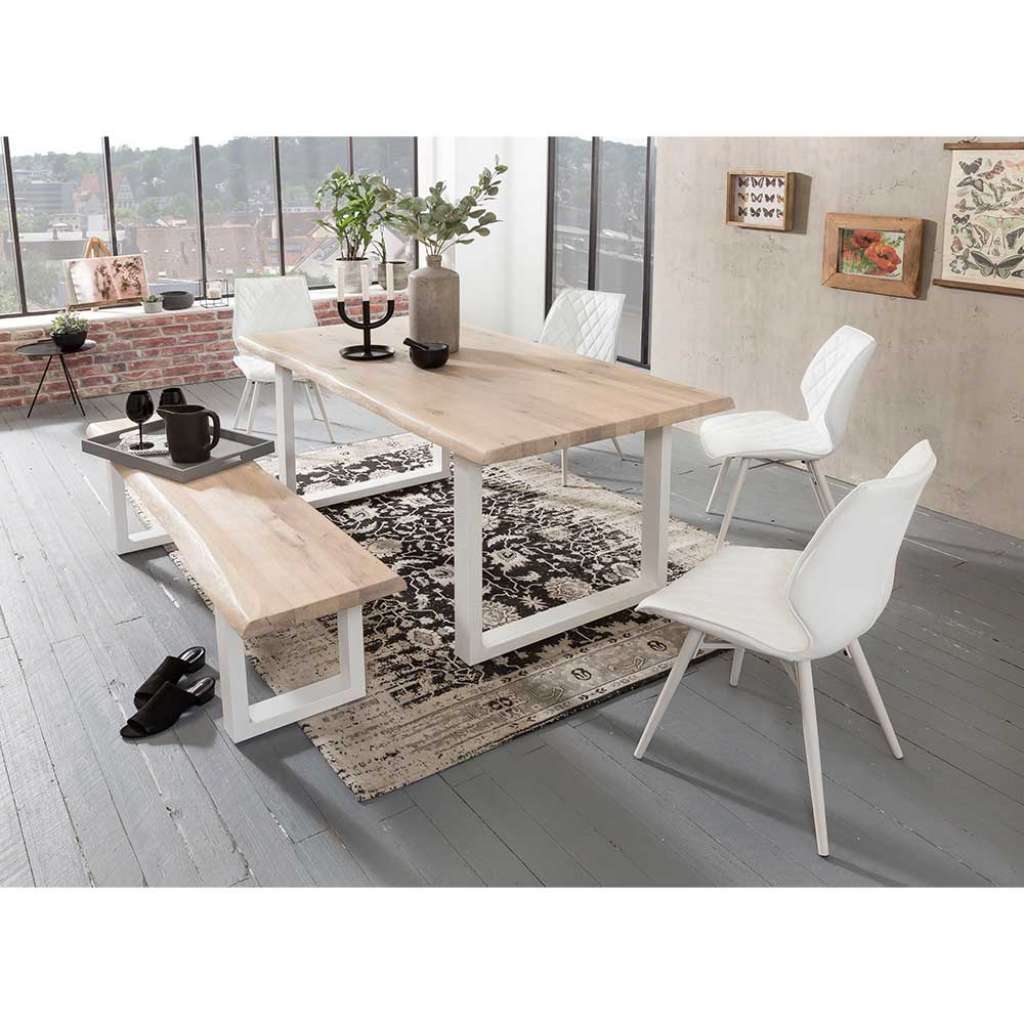 Baumkanten Essgruppe aus Eiche White Wash massiv Weiß Kunstleder (6-teilig)