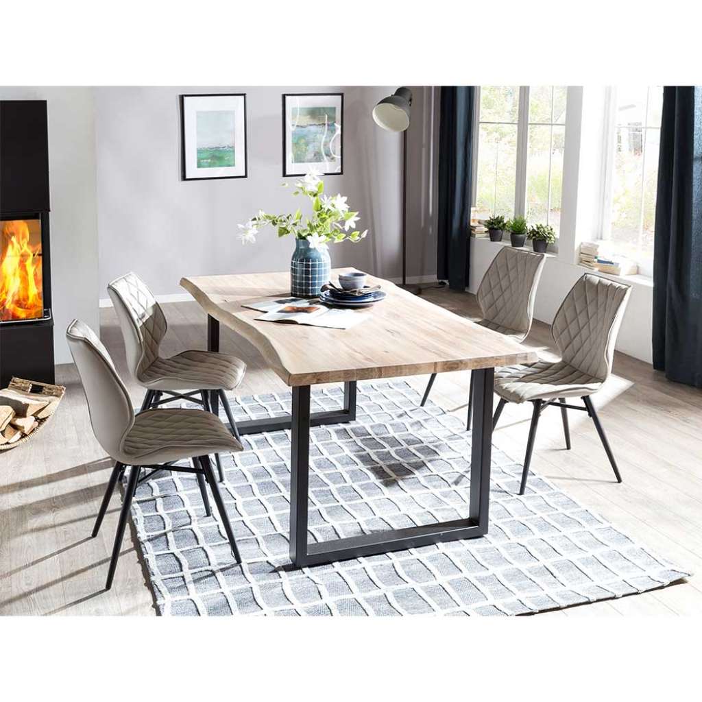Baumkanten Tischgruppe in Eiche White Wash massiv Beige Kunstleder (5-teilig)