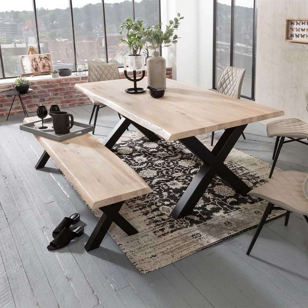 Baumkanten Sitzgruppe aus Eiche White Wash massiv Stahl in Schwarz (2-teilig)