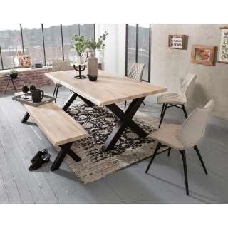 Baumkanten Essplatzgruppe in Eiche White Wash massiv Beige Kunstleder (6-teilig)