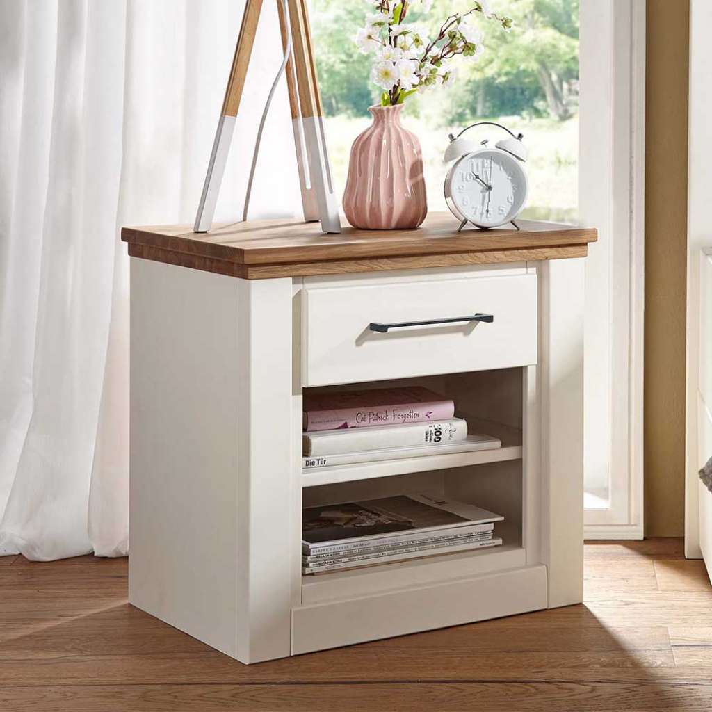 Nachtkonsolen in Creme Weiß und Eiche massiv Landhaus Design (2er Set)