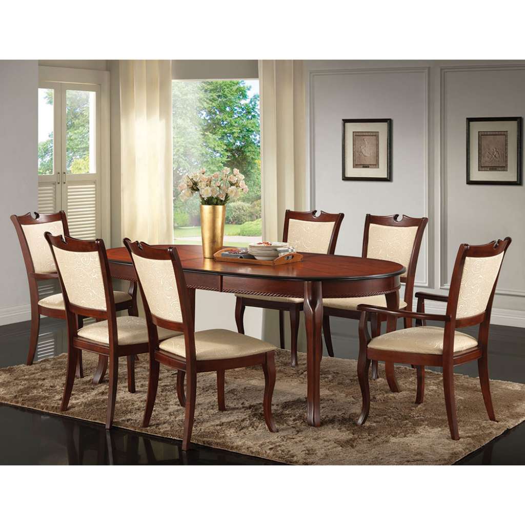 Italienische Esszimmer Sitzgruppe in Beige und Walnussfarben ovalem Tisch (7-teilig)