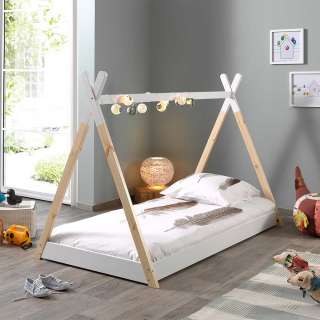 Kinderzimmer Bett im Tipi Zelt Design Weiß Kiefer massiv