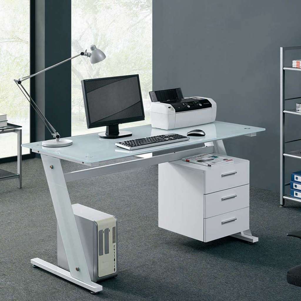 Designschreibtisch mit Weißglasplatte Weiß Hochglanz