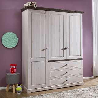 Babyschrank aus Kiefer Massivholz Weiß und Grey Wash