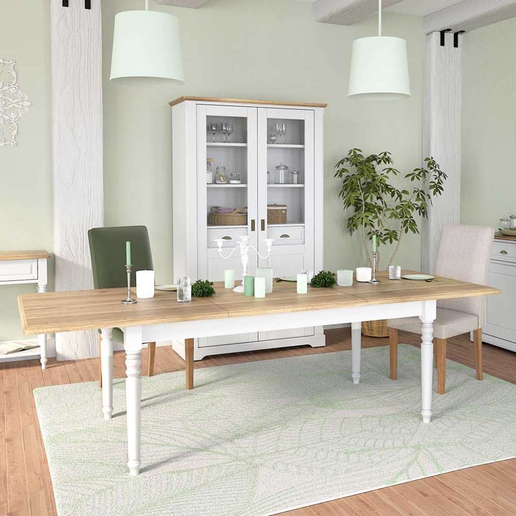 Langer Esstisch in Weiß und Eichefarben Landhausstil