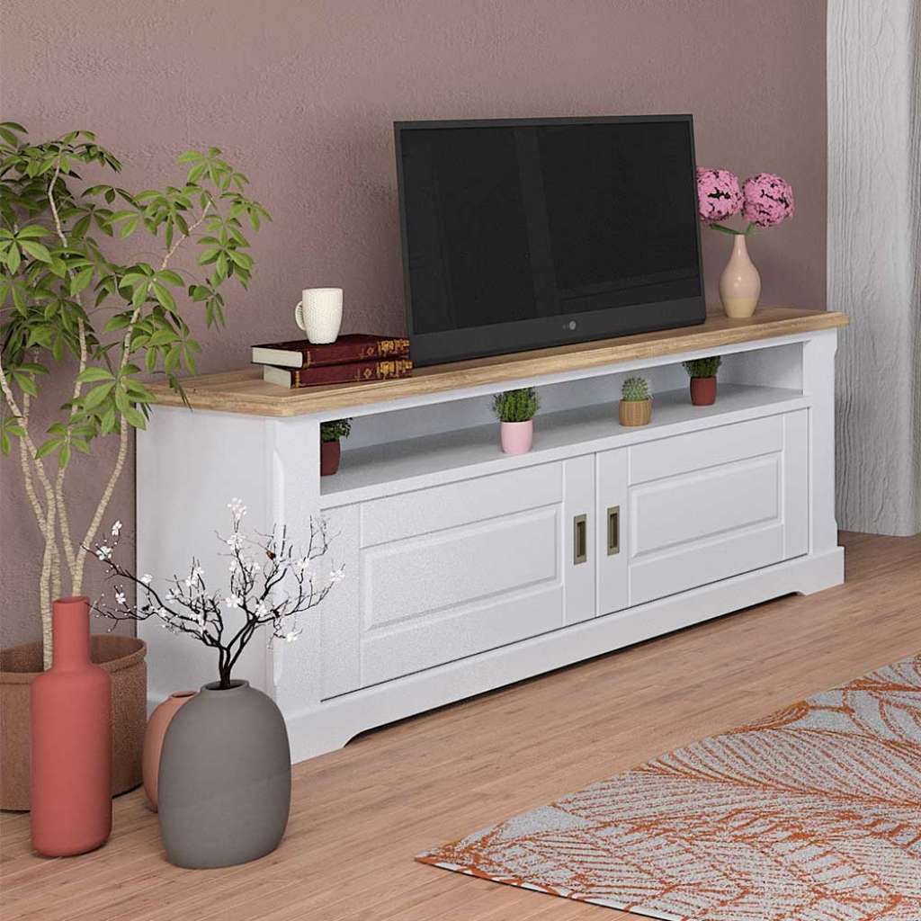 TV Board im Landhausstil Weiß mit Eiche furniert