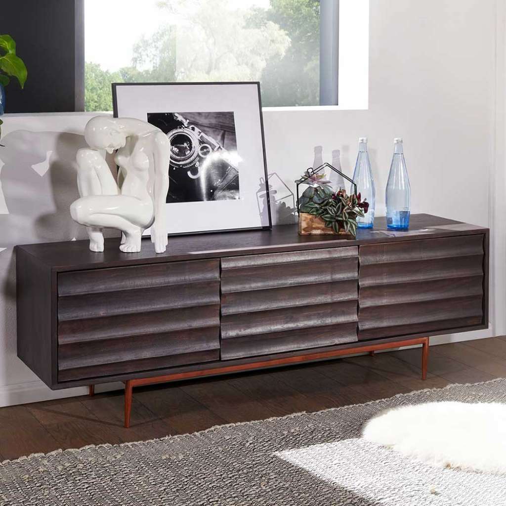 TV Board in Grau und Kupferfarben Akazie Massivholz und Stahl
