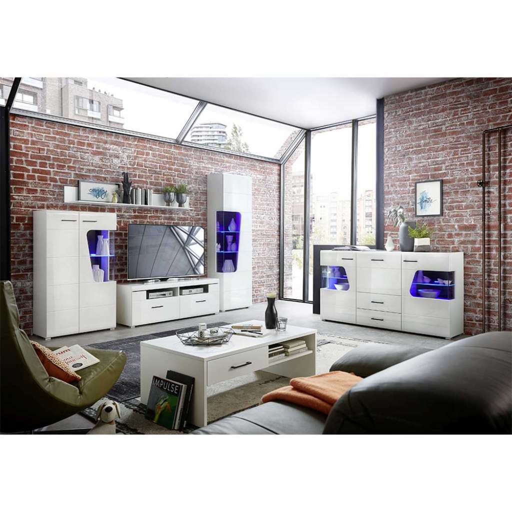 Wohnkombination in Weiß Hochglanz LED Beleuchtung (6-teilig)