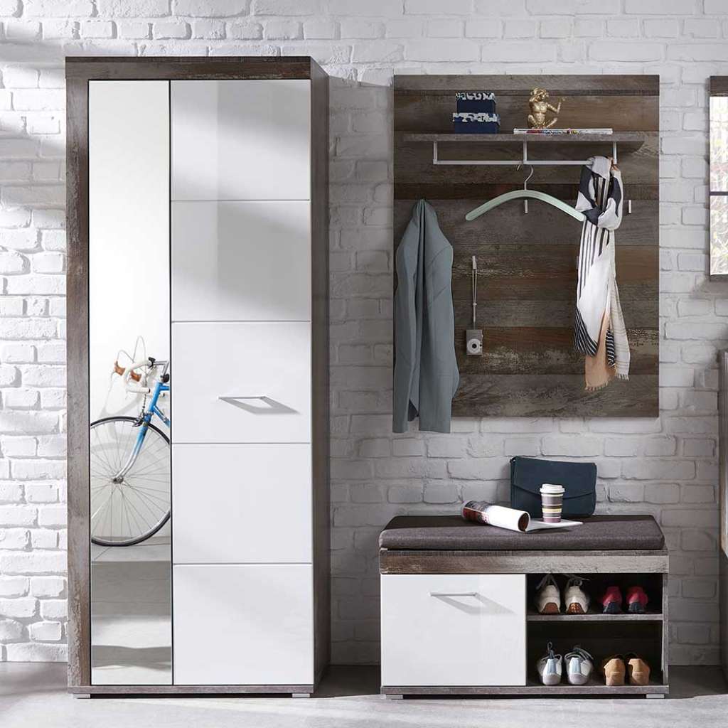 Garderobe in Treibholz Optik Weiß Hochglanz (3-teilig)