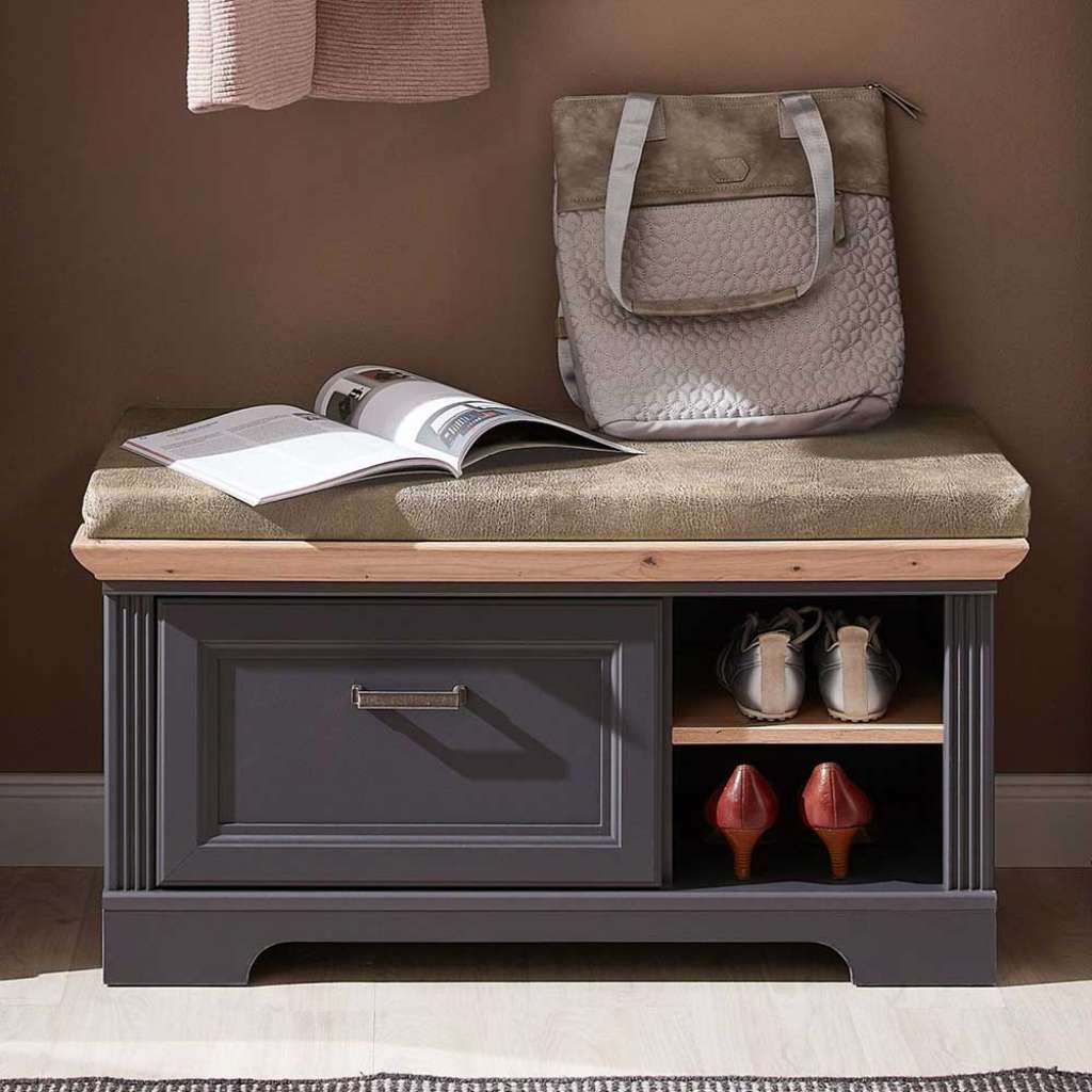Garderoben Sitzbank in Dunkelgrau und Eichefarben einer Schublade