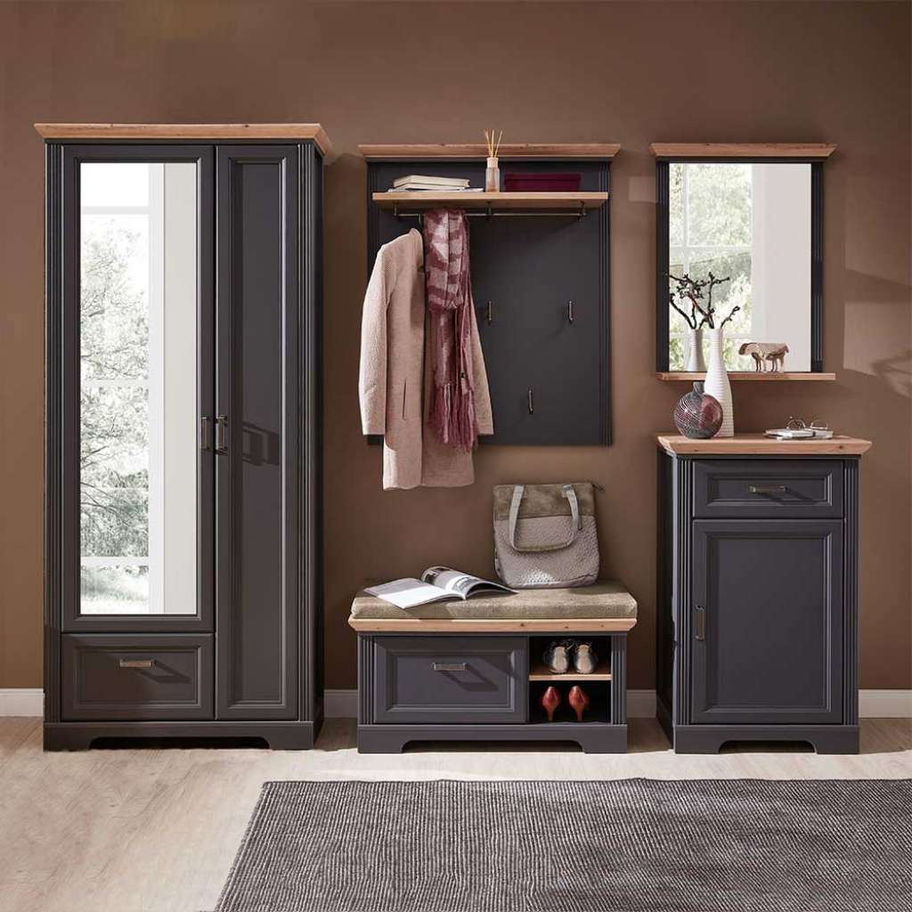 Komplett Garderobe im Landhausstil Dunkelgrau und Eichefarben (5-teilig)