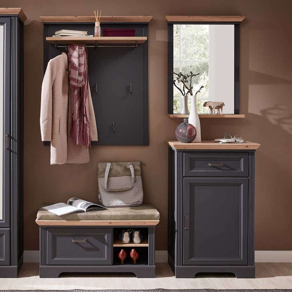 Dielenmöbel Set im Landhaus Design Dunkelgrau und Eichefarben (4-teilig)
