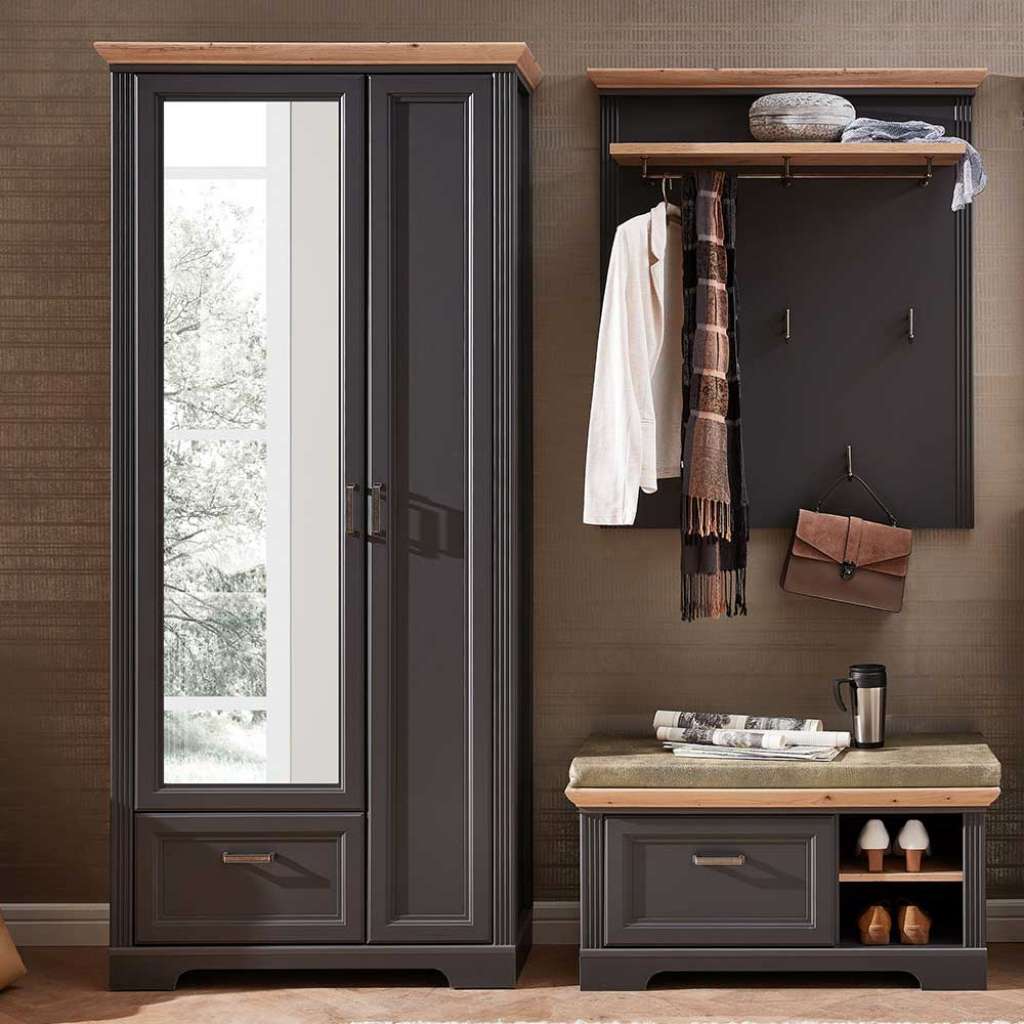 Garderoben Set in Dunkelgrau und Eichefarben Landhausstil (3-teilig)