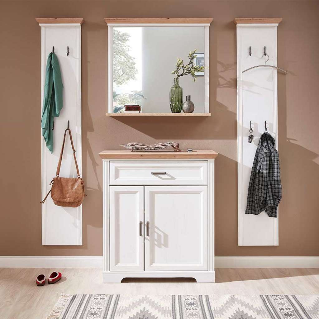 Dielenmöbelset im Landhaus Design Weiß und Eichefarben (4-teilig)