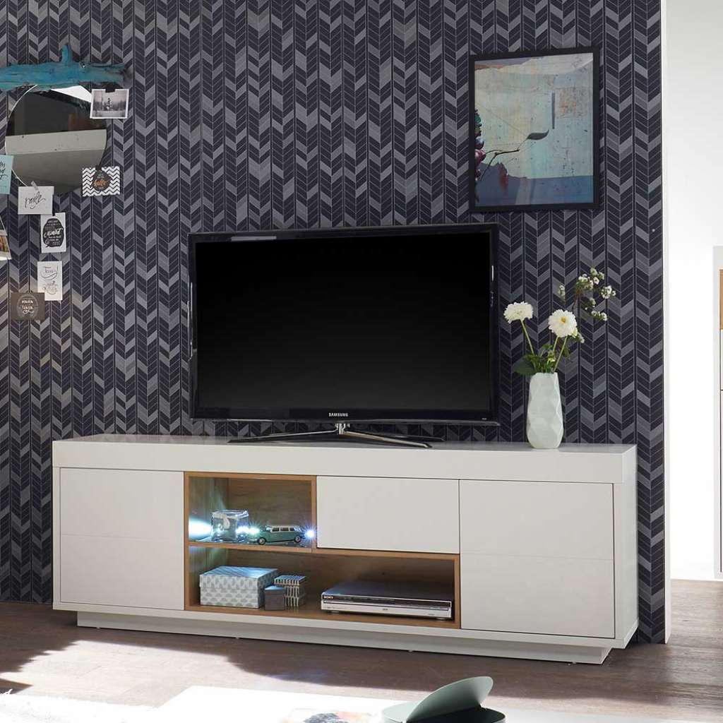 Modernes TV Board in Weiß und Eichefarben 65 cm hoch