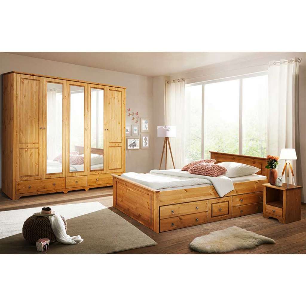 Landhaus Schlafzimmer aus Kiefer Massivholz Stauraumbett (4-teilig)