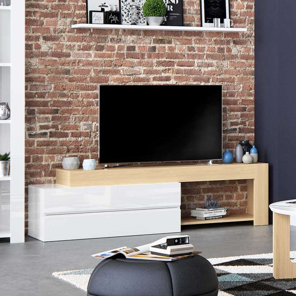 TV Lowboard in Weiß Hochglanz mit Eiche furniert 180 cm breit