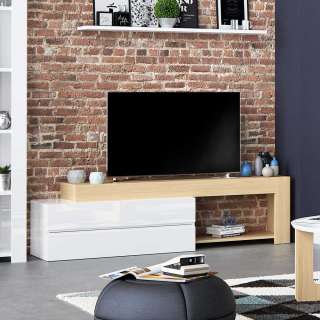 TV Lowboard in Weiß Hochglanz mit Eiche furniert 180 cm breit