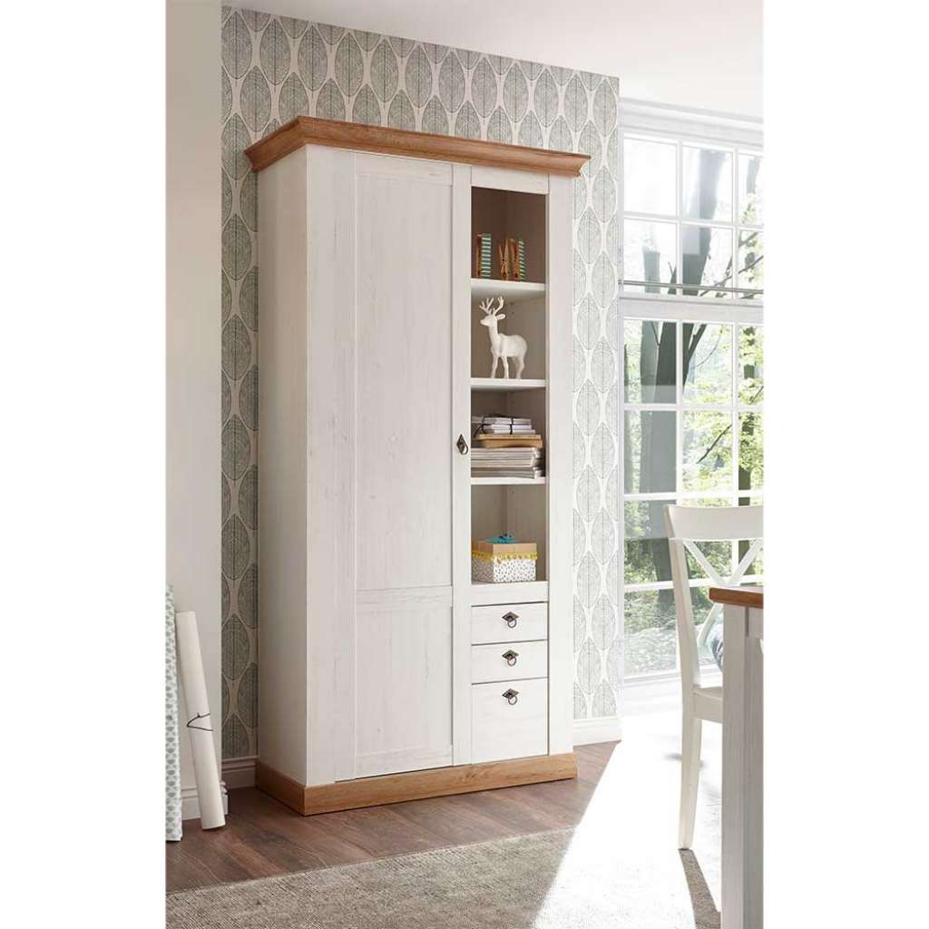 Hochschrank in Weiß und Wildeiche Dekor Landhausstil