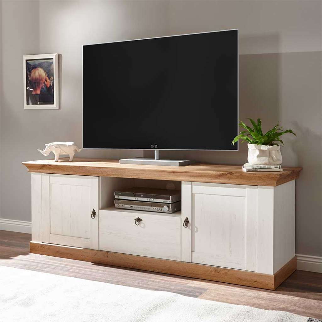 Landhaus TV Board in Weiß und Wildeiche Dekor einer Schublade