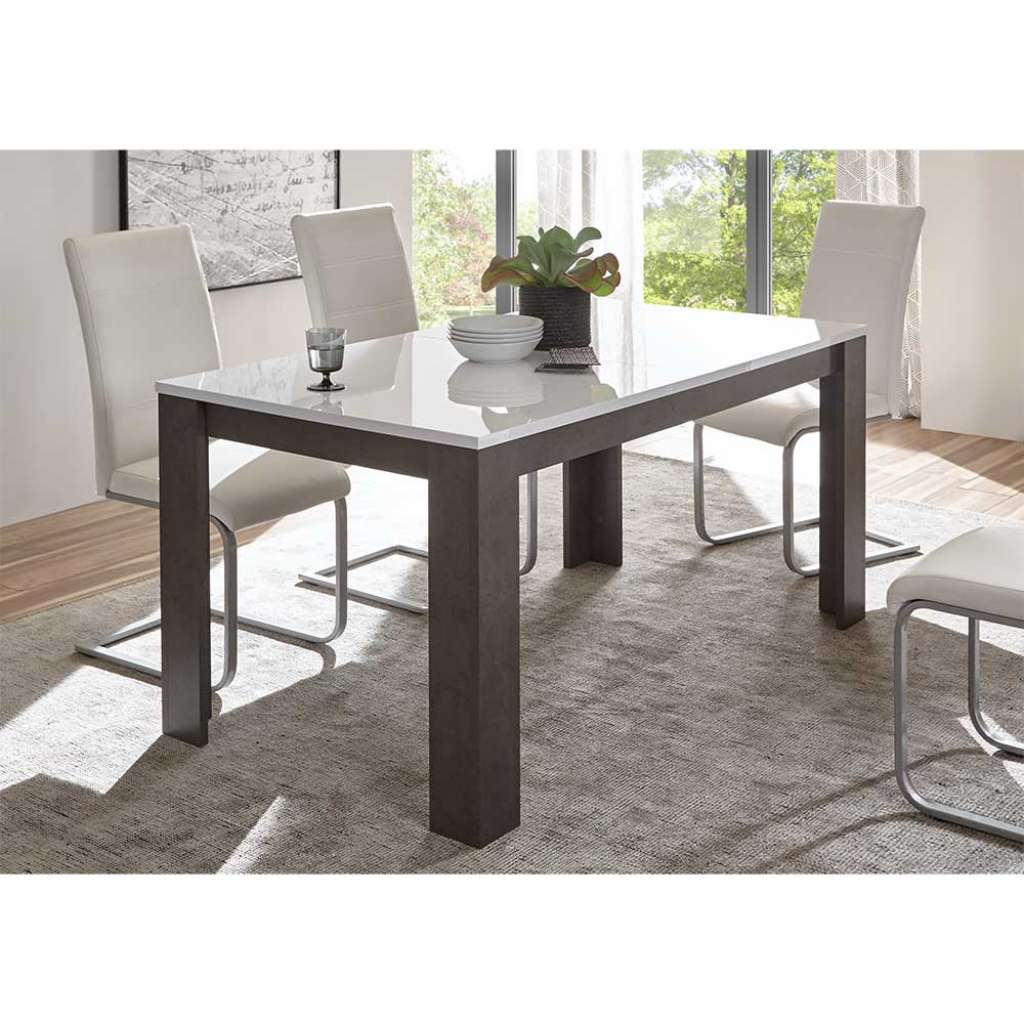 Ausziehtisch in Weiß Hochglanz und Beton Grau modern