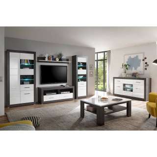 Wohnzimmer Set in Weiß Hochglanz und Beton Grau modern (6-teilig)