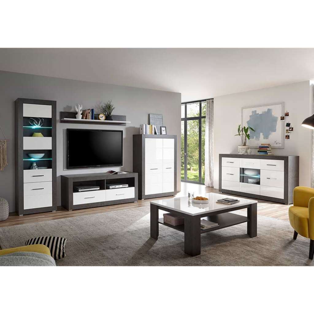 Wohnzimmer Komplettset in Weiß Hochglanz Beton Grau (6-teilig)
