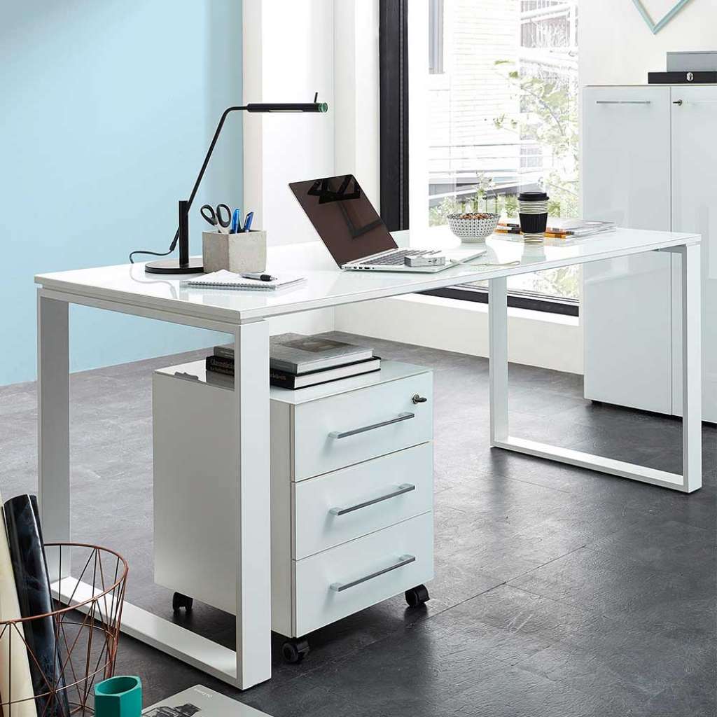 Büroschreibtisch in Weiß Glas beschichtet Rollcontainer (2-teilig)