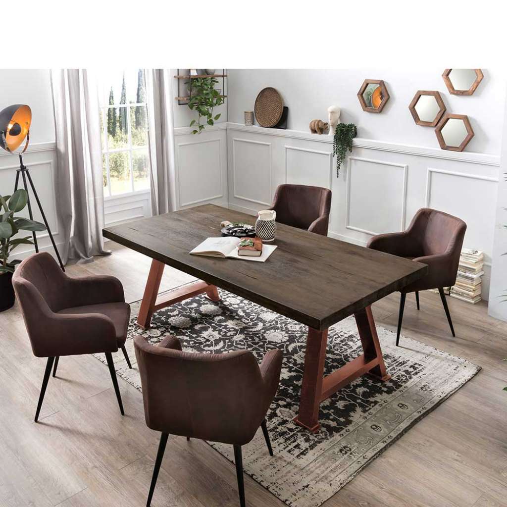 Esszimmergarnitur in Eiche Grau massiv Braun Microfaser (5-teilig)