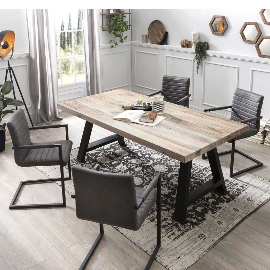 Esszimmer Sitzgruppe aus Eiche White Wash massiv Armlehnen Freischwingern (5-teilig)