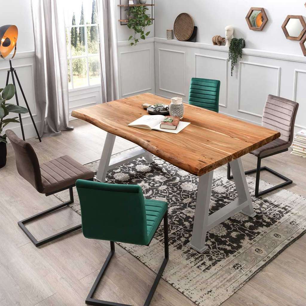 Baumkanten Essgruppe mit 4 Stühlen in Braun und Grün modern (5-teilig)