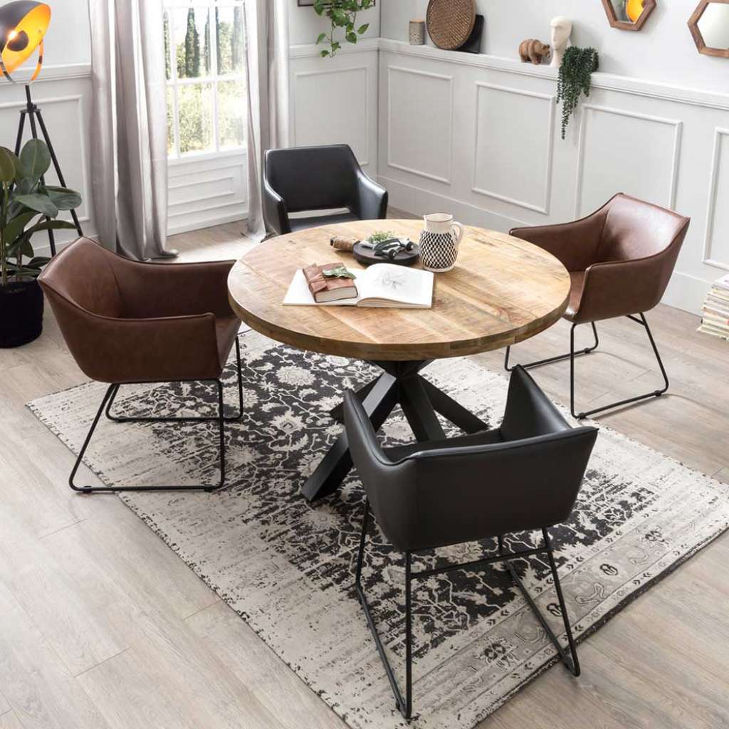 Essgruppe in Braun Kunstleder rundem Tisch (5-teilig)