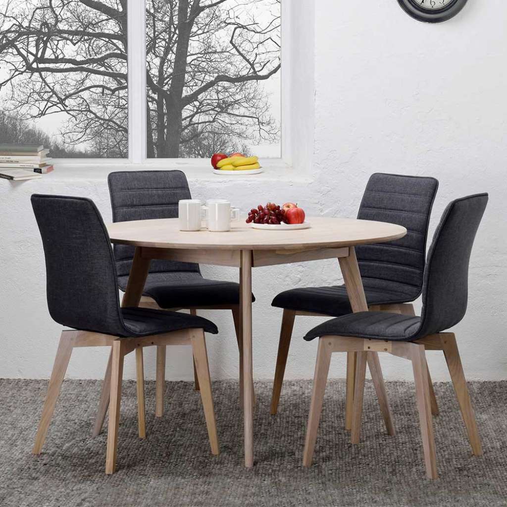 Retro Essgruppe mit rundem Tisch in Eiche White Wash Stühlen in Anthrazit (5-teilig)