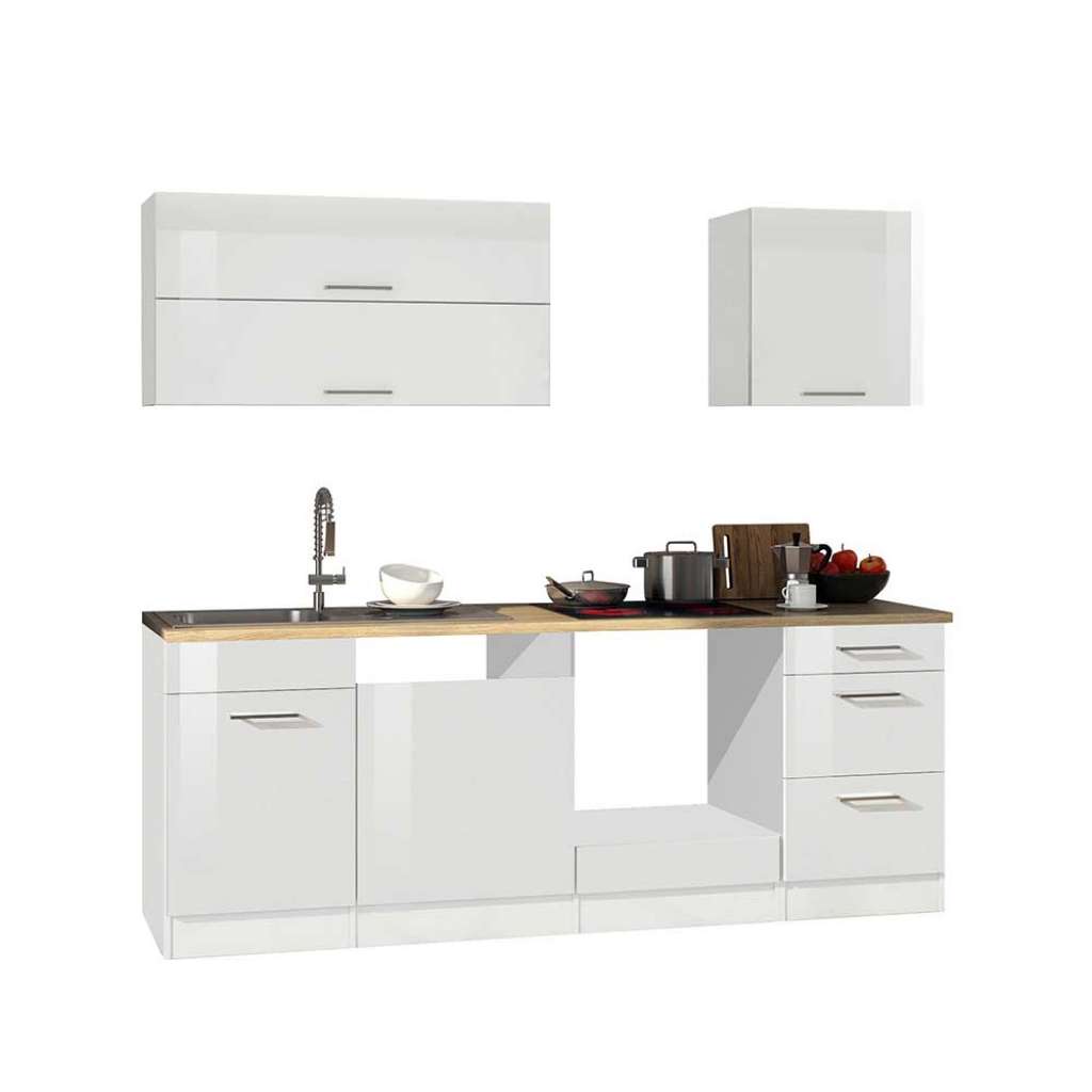 Einbauküchenzeile in Weiß hochglänzend 220 cm breit (6-teilig)